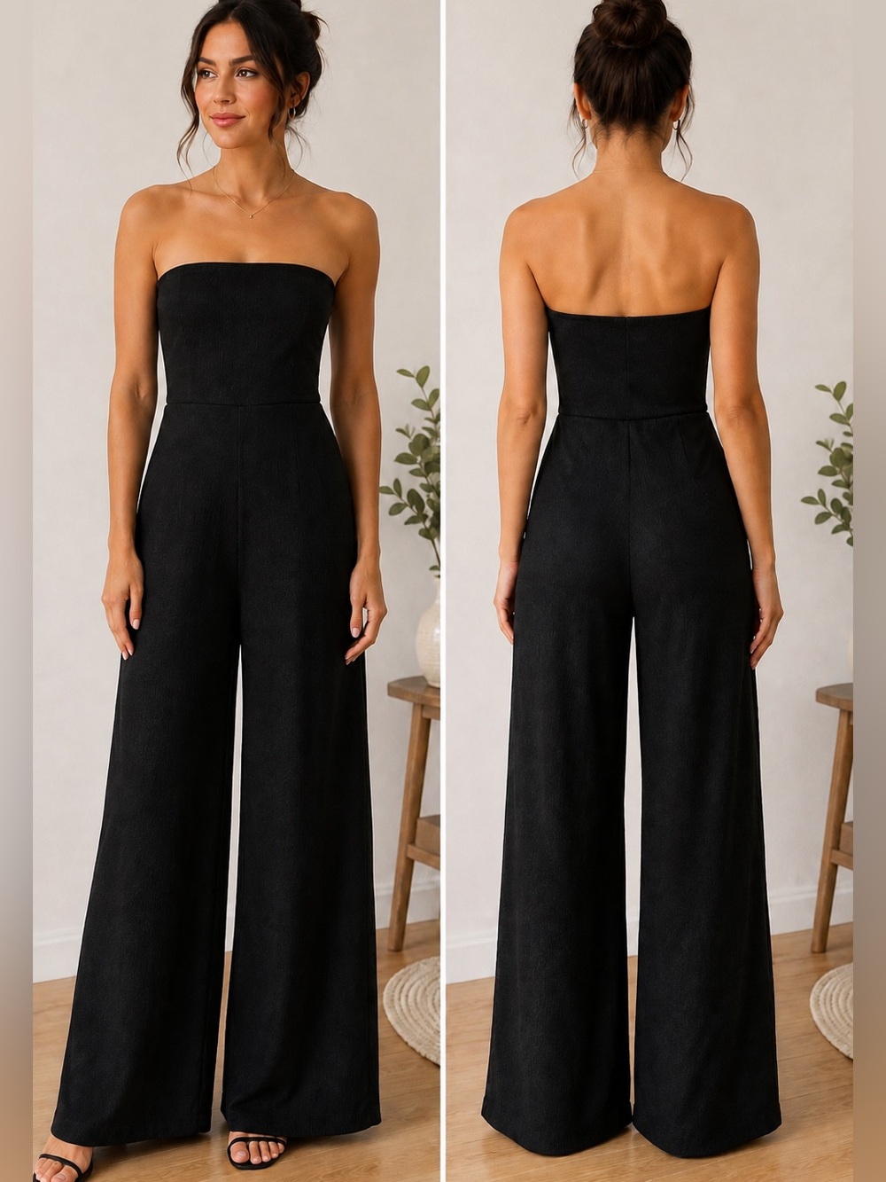 Rumer Black Strapless Wide Leg Jumpsuit Textured
Evening XS